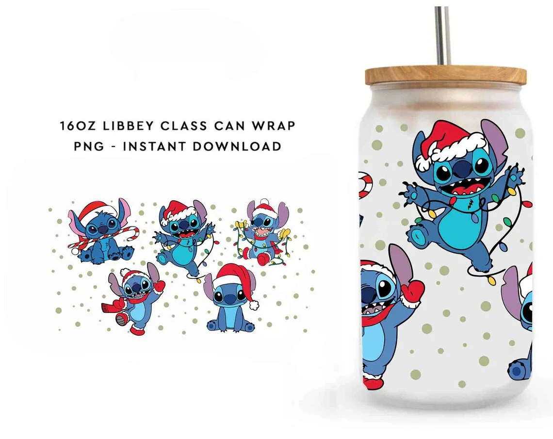 Stitch Christmas Theme Mixed Design 3D Waterproof UV DTF Cup Wraps Transfer for 16oz Libbey Glasses Pegatinas Decorativas