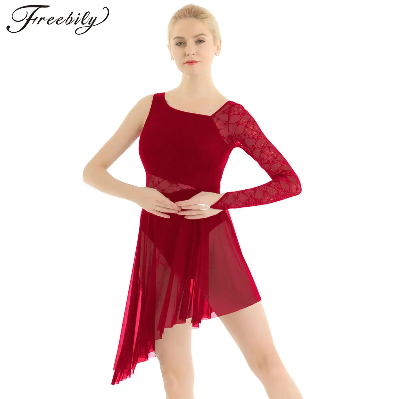 Women Single Long Sleeve Ballet Dance Dress Lace Bodice Asymmetric Gymnastics Leotard Modern Lyrical Dance Performance Costumes