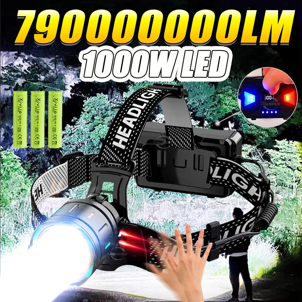 

790000000LM Ultra Powerful Head LED Light 1000W Rechargeable Head Torch With Fluorescence Head Headlight 18650 Camping Head Lamp
