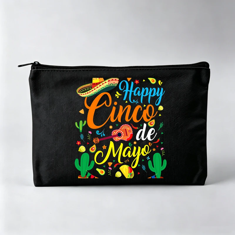 Cinco de Mayo Pattern Makeup Bag with Cactus and Guitar Print, Casual Cosmetic Pouch for Daily Use