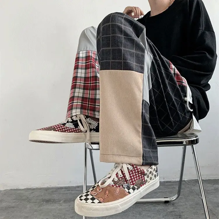 Spliced Patchwork Plaid Men's Pants Y2C Kpop Ins Chic Loser Singer Dance Pants Sexy Club Wide Leg Straight Male Boy Pring Pants