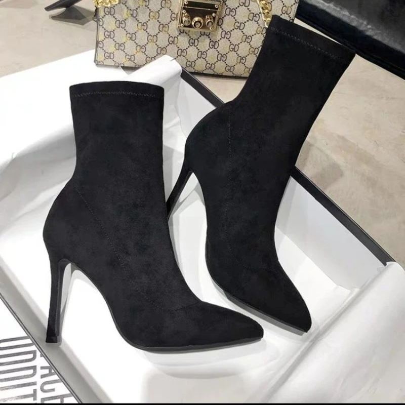 2025 Autumn and Winter Pointed Thin Heel Sexy Short Boots Women's Black High Heel Socks Bare Boots Elastic Thin Boots