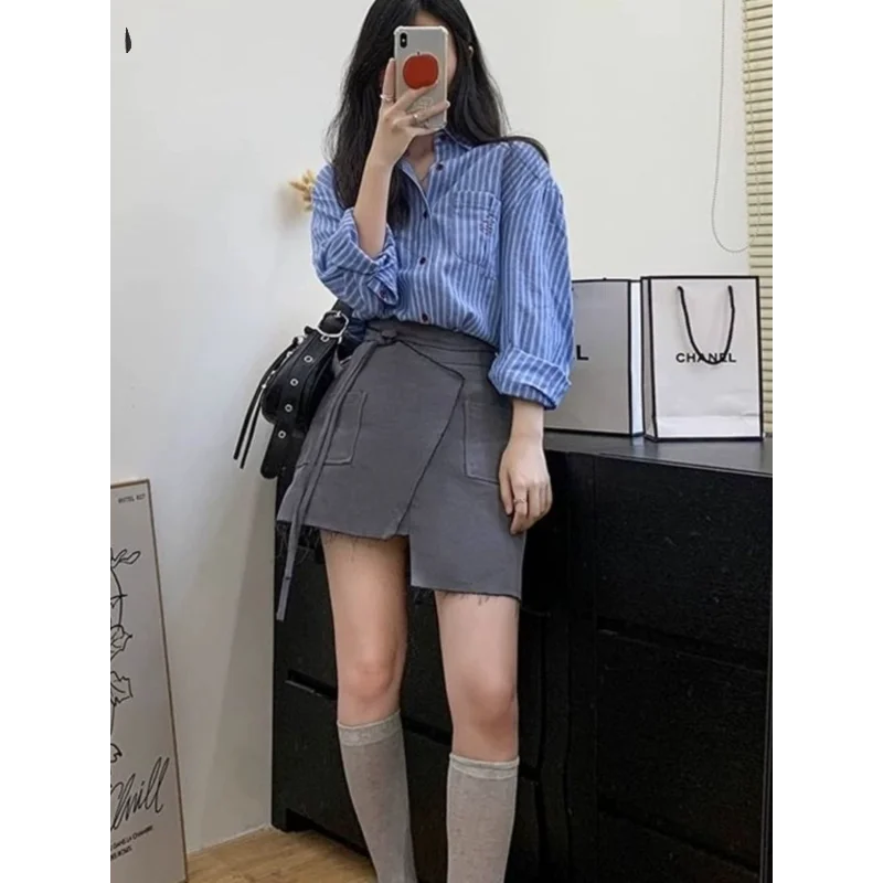 قميص مخطط أزرق على طراز الكلية الكورية للخريف للنساء، جو أنيق فضفاض ومتعدد الاستخدامات #2