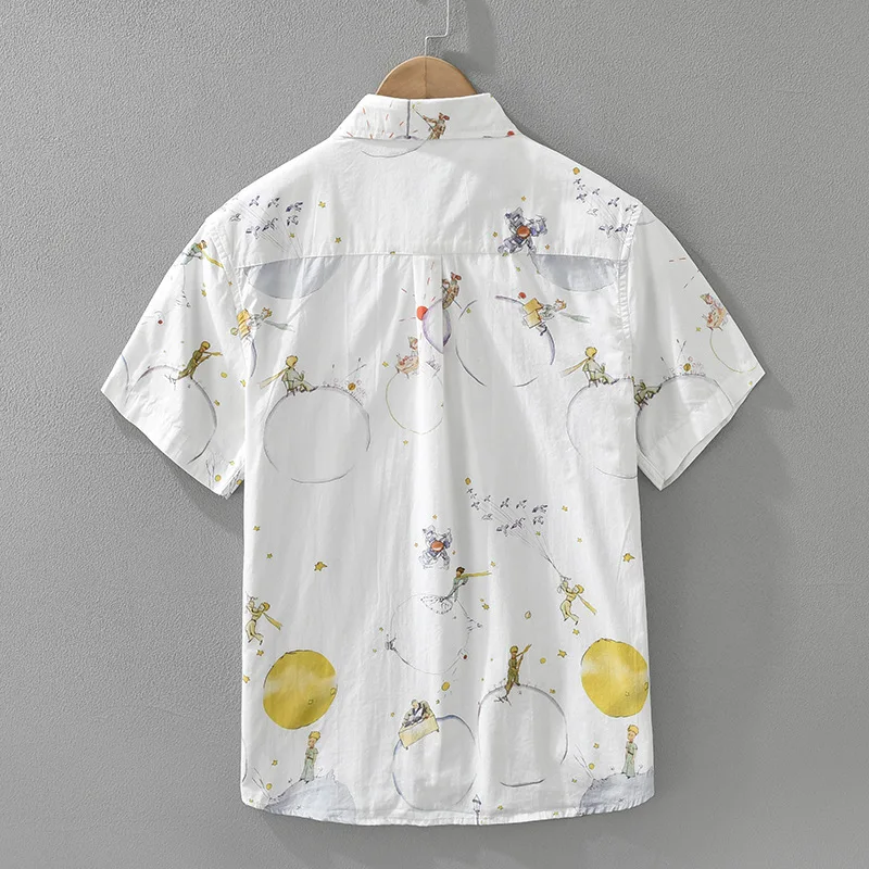 Japanese cartoon fresh print retro denim short-sleeved shirt men's fashion all-match casual literary loose top