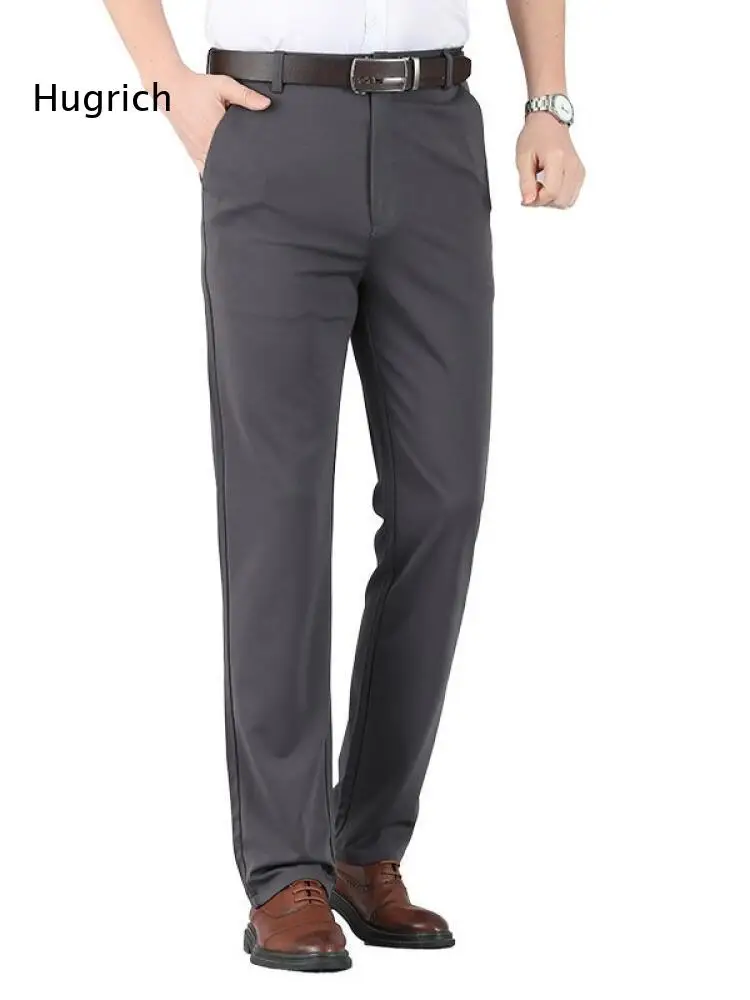 Men Straight Fit Business Casual Pants Solid Gray Formal Trousers Zipper Button Closure For Office Work And Daily Occasions