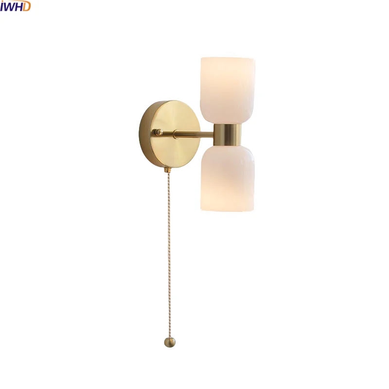 

IWHD Home Design LED Wall Lamps For Bedroom Living Room Pull Chain Switch 2 Heads E27 Bulb White Glass Stair Light Aplique Pared