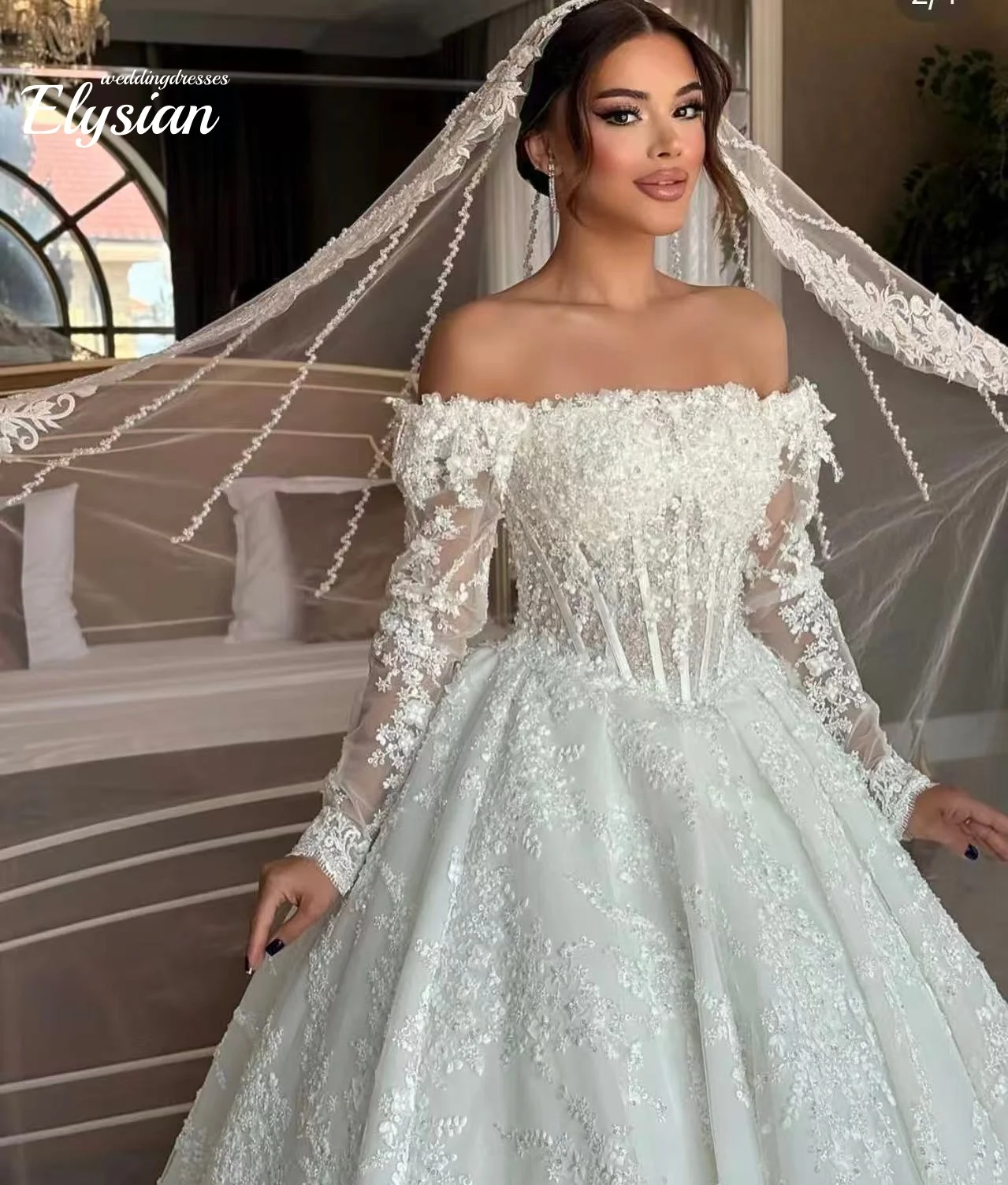 Vestido de novia lujoso personalizado de Organza con cuentas bordadas Vestido de novia de princesa Vestido de novia