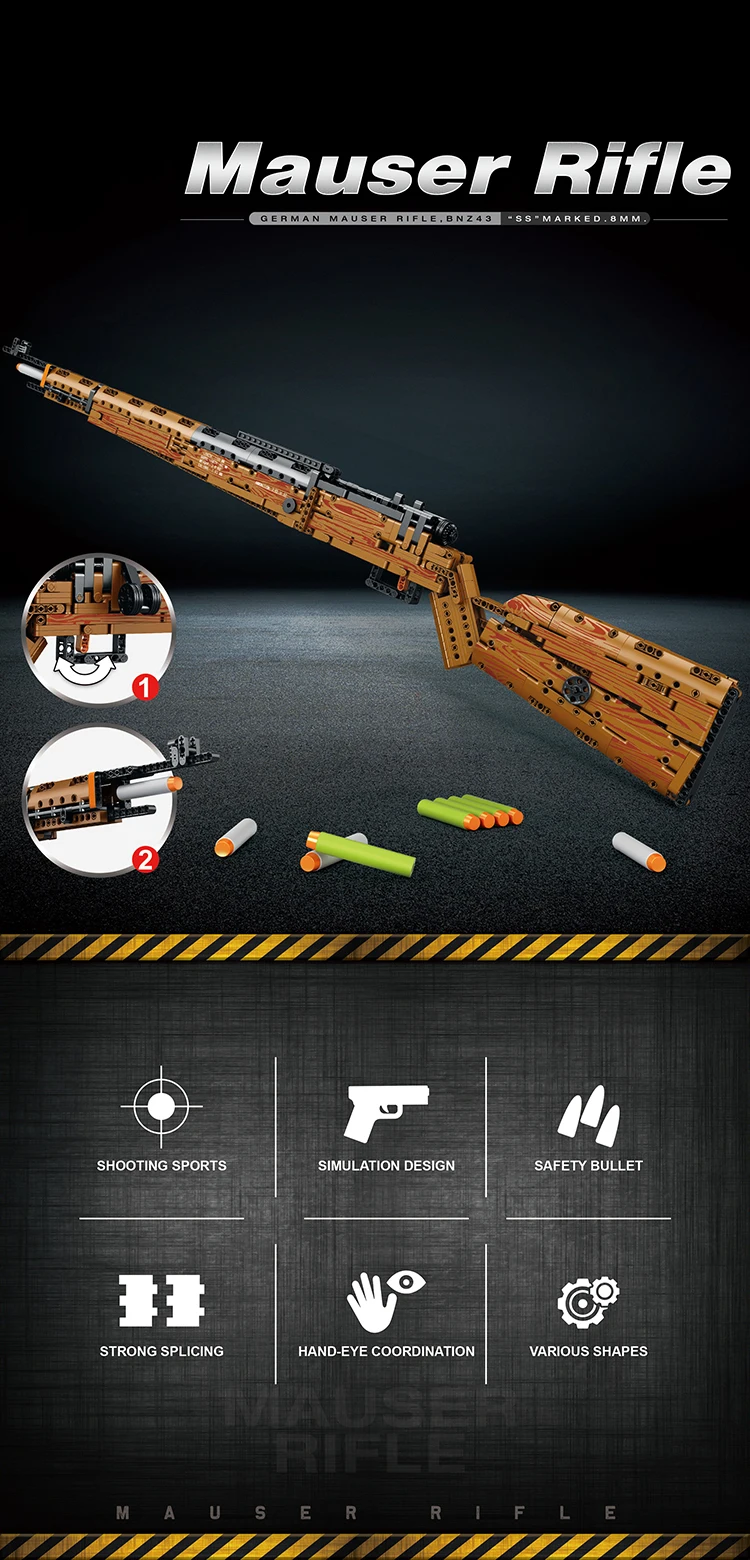 Kar - Kit De Construcción De Rifle Mauser 98K Con 1025 Piezas – Modelo A Escala De Francotirador Con Función De Disparo, Incluye 2 Cargadores Y 10 Bolas, Juguete Educativo