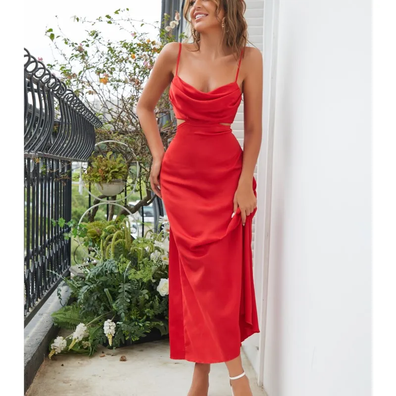 Robe longue en Satin rouge pour femmes, en soie ajourée, sans manches, col bénitier, Vintage, Sexy, froncée, soirée, plage