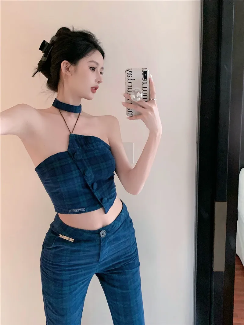 2022 NEW Summer Sexy Plaid Suit Backness Halter Vest Crop Top And Long Pant Two Pieces Sets For Women Korea Y2K Clothing