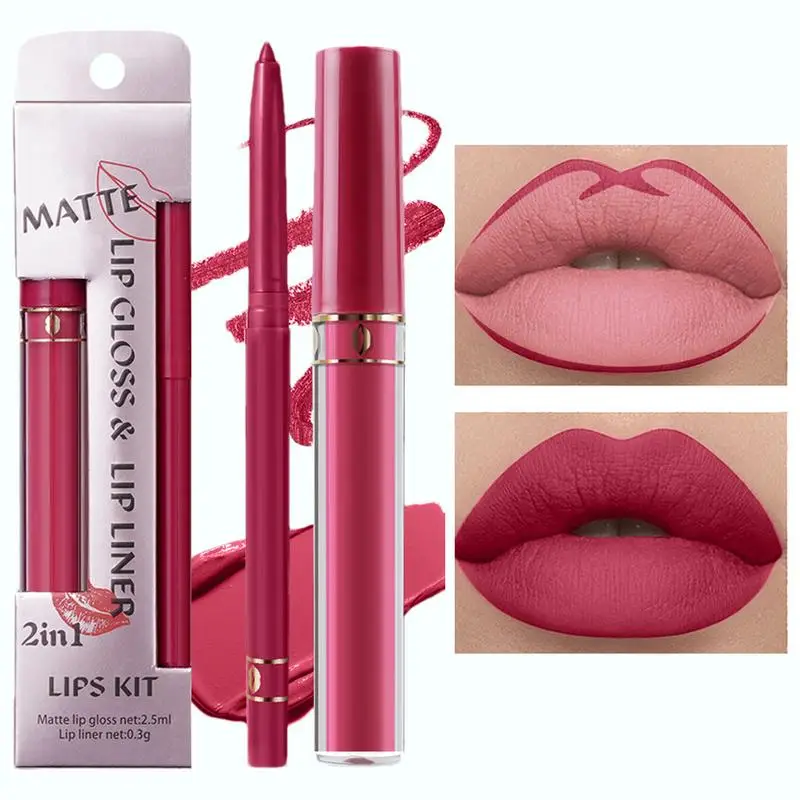 Delineador de labios 2 en 1 de larga duración, 6 colores, brillo de labios mate, lápiz de labios portátil, resistente al agua, hidratante, maquillaje de labios, Cosméticos de contorno