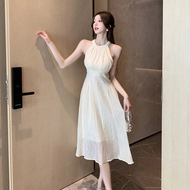 

French Neck-Mounted Summer Dresses For Women Fashion Hot Sweet Sexy Sleeveless Dew Off Shoulder Holiday Party Dress