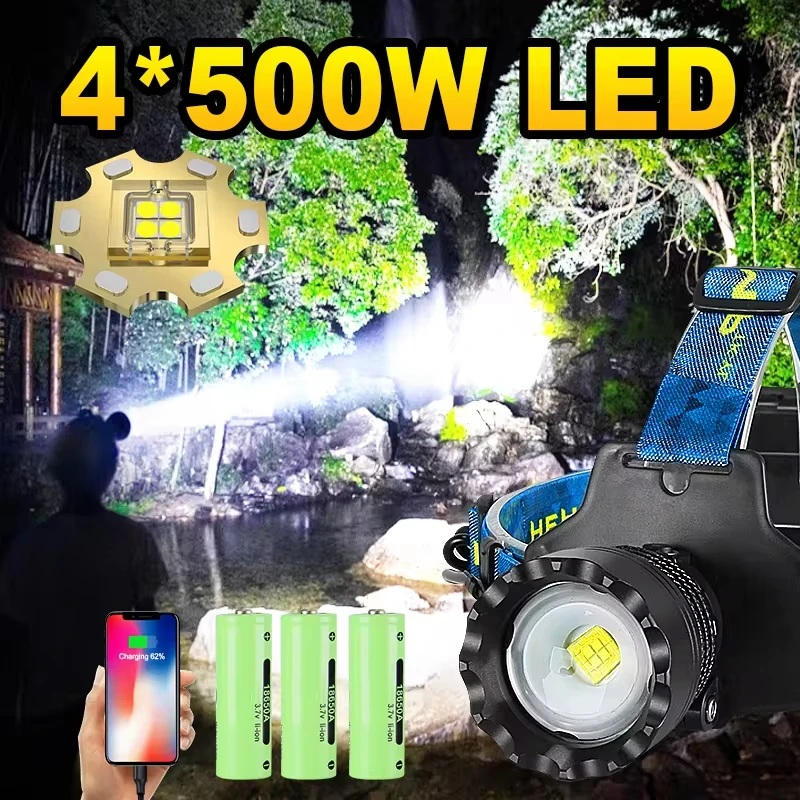 4*500W LED High Power Headlamp Powerful Headlight USB Rechargable Waterproof Super Bright Lantern Head Torch Fishlight