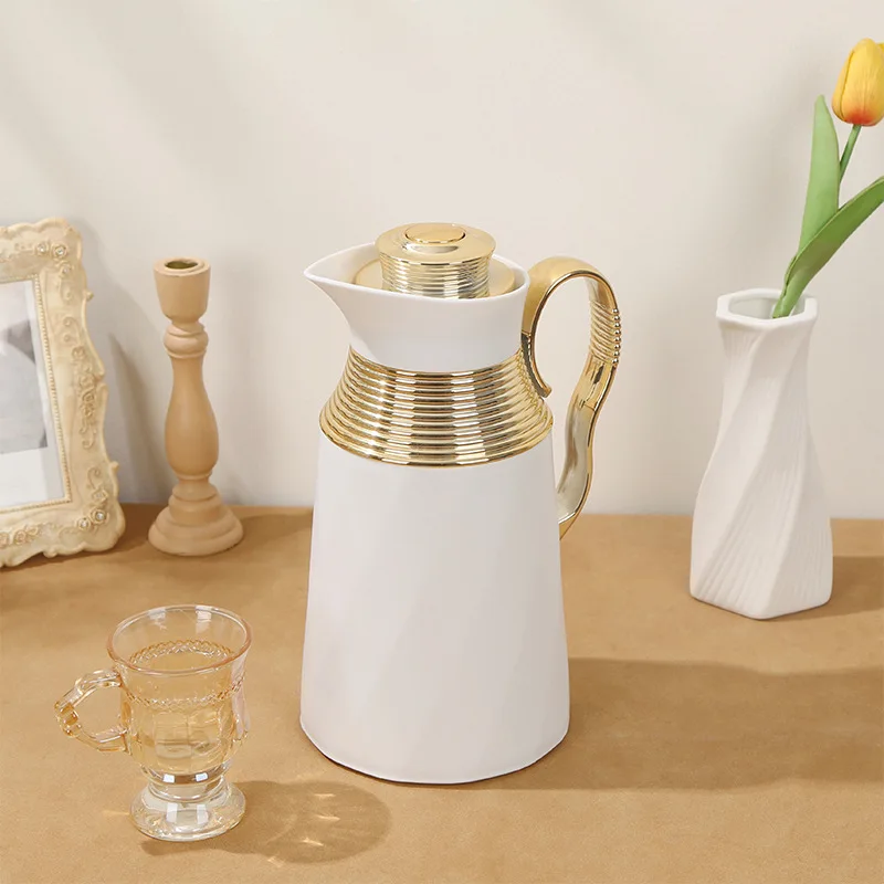 Matte Black White Thermal Flask Gold Ring Decor Long Heat Retention Vessel For Coffee Tea Hot Water Storage
