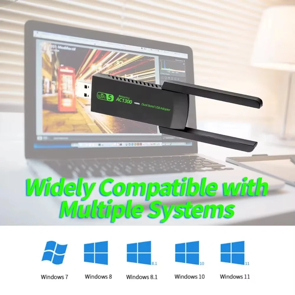 WiFi USB Adapter 1300Mbps Dual Band 2.4G/5Ghz Wi-Fi Dongle 802.11AC Powerful Antenna For PC/Laptop Driver Free