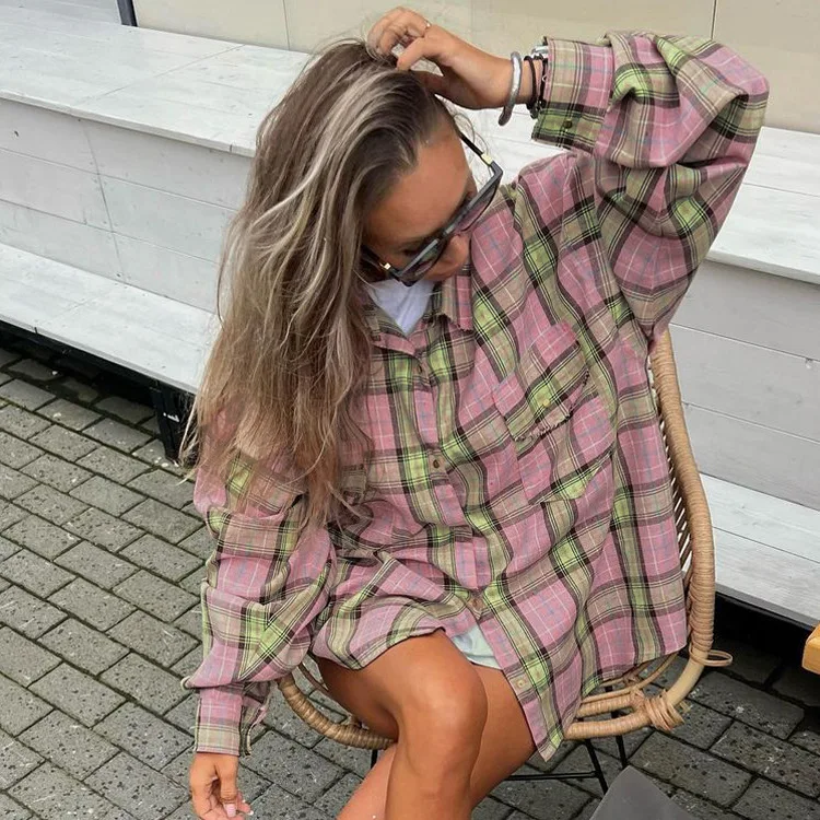 Damen Casual Vielseitiges Kariertes Hemd Herbst Retro Elegantes Revers Lose Strickjacke Top Rosa Bedruckte Langarm-Einzelknopfbluse