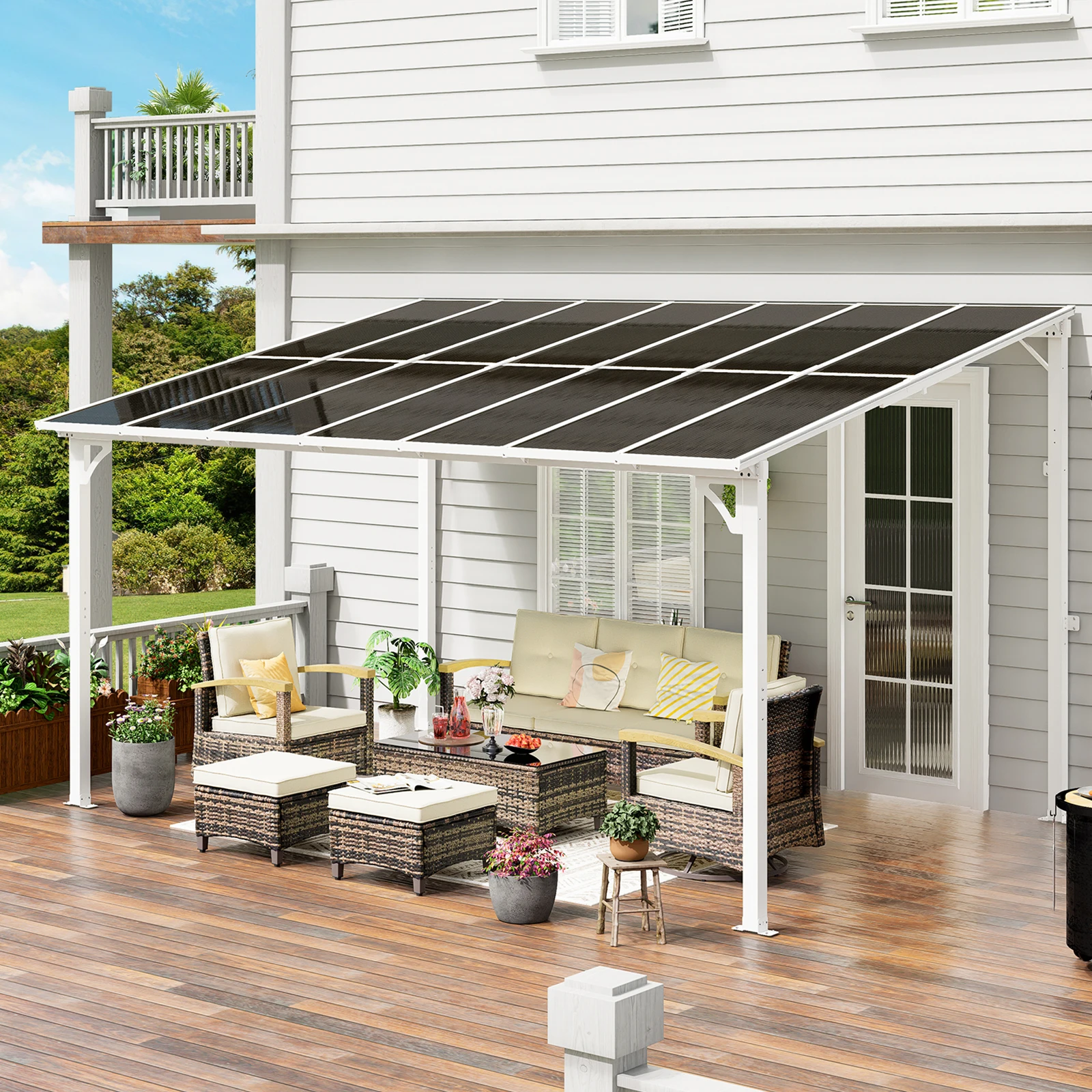 

14'X10' Gazebo - a Hard-Top Slanted Wall-Mounted Awning with a Canopy, Suitable for All-Weather Sun And Rain Protection in Outdoor Areas Such As Patios, Backyards, And Decks(White)