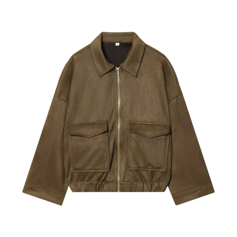 

HipSeam Autumn Women's Faux Suede Jacket Simple Long Sleeves Elegant Zipper Lady Warm Coat Chic Street Leisure Female Tops