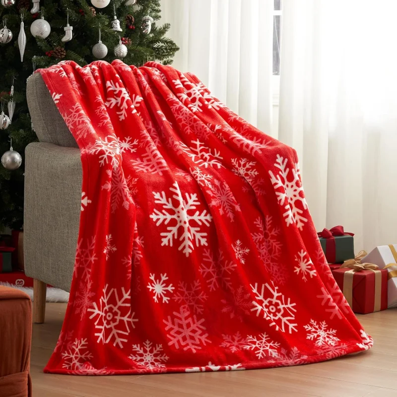 

Christmas soft flannel blanket - warm plush decoration red snowflakes comfortable sofa in winter
