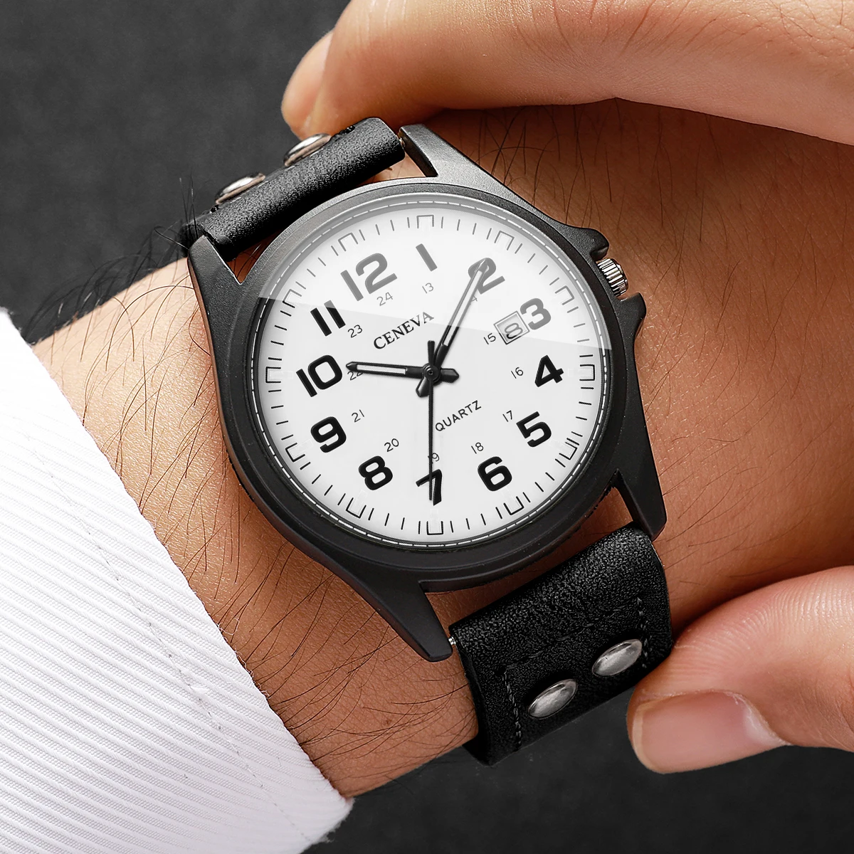 4PCS Fashion Men's Watch Jewelry Set Casual Leather Strap Calendar Military Sports Wristwatch Relogio Masculino（Without Box