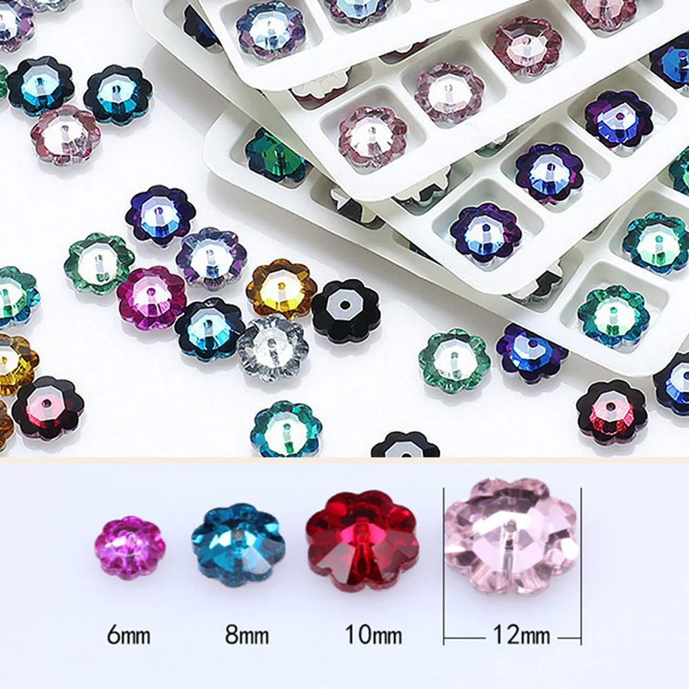 30 Stück 6mm-10mm Flache Rückseite Mittelloch Näh-Strasssteine Glänzende Kristalle Strassperlen zum Aufnähen auf Kleidung Stoff Edelsteine – Detail 1