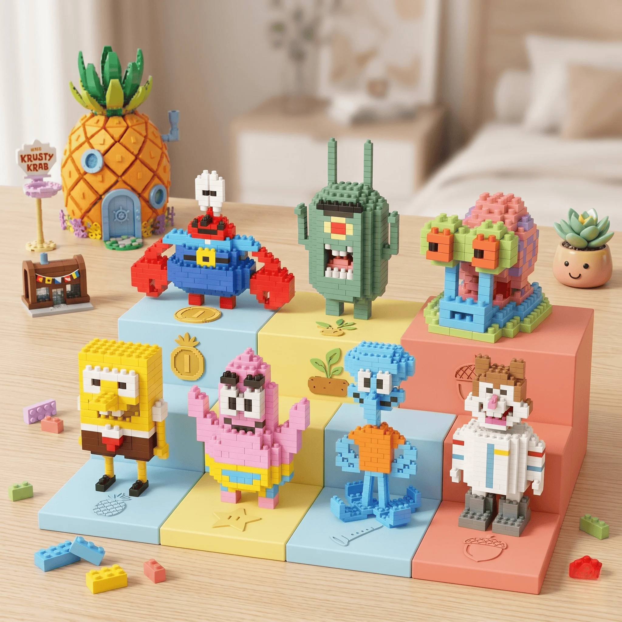 Yellow Sponge Cartoon Octopus Crab Mini Building Block Set - DIY Anime Character Brick Model for Desktop Decoration Gift