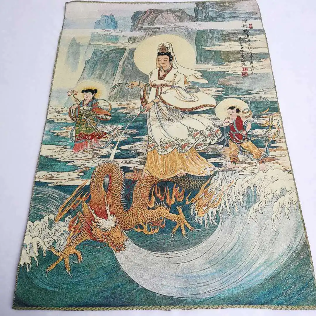 Chinese Buddhism Cloth Silk Riding Dragon Guangyin Kwan-yin Tangka Thangka 26548