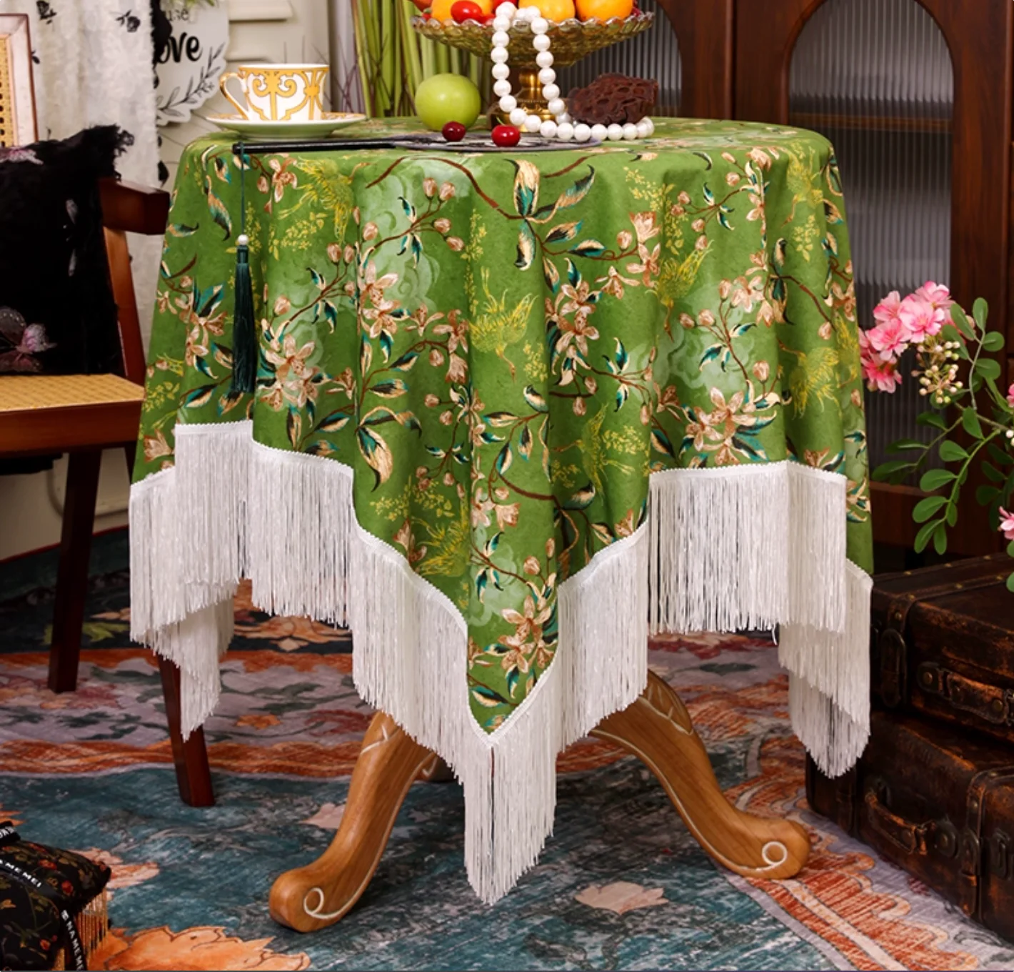 High-end retro fringe tablecloth with French mid-century style, premium decorative table cover
