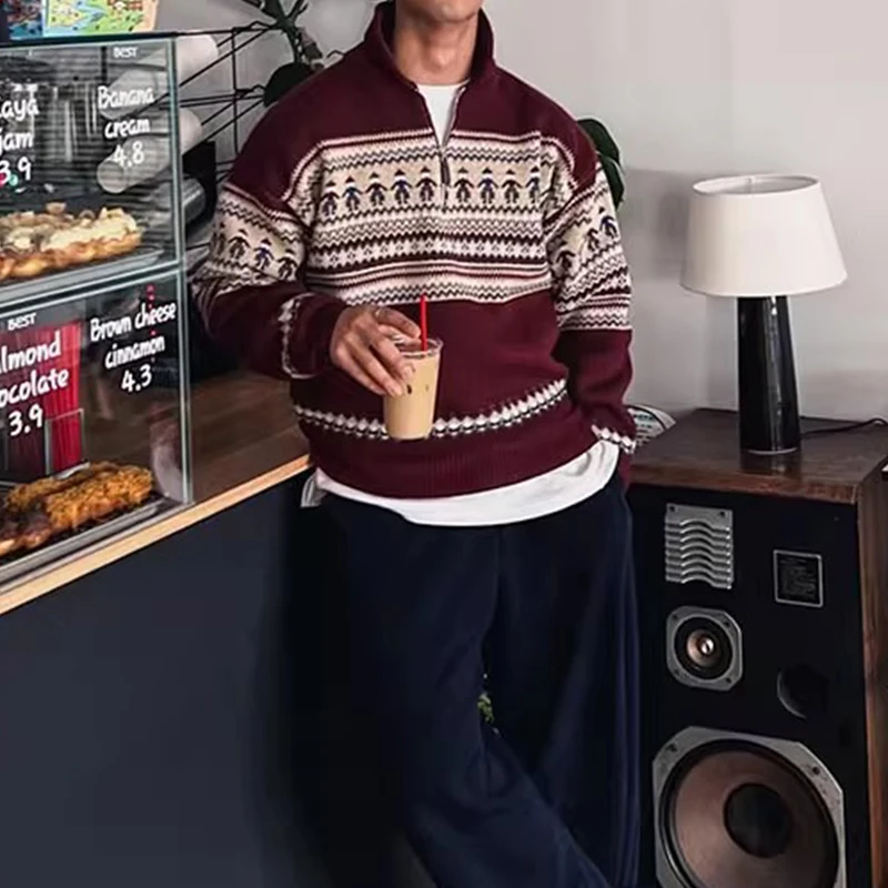 2025 Otoño Invierno nuevos jerseys de punto informales para hombres suéter de punto con estampado de patrón Vintage Tops para hombres suéter con cremallera de solapa de moda