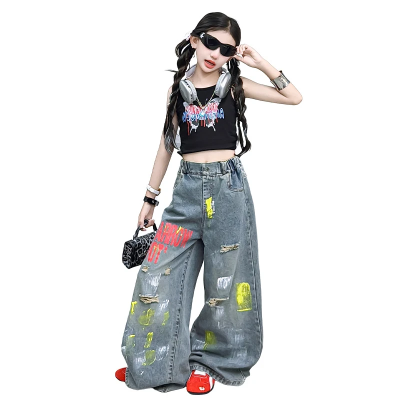 2026 Summer Girls Graffiti Ripped Jeans American Hip-Hop Trendy Loose Fashion Denim Pants for Kids Girls 4-14 Years