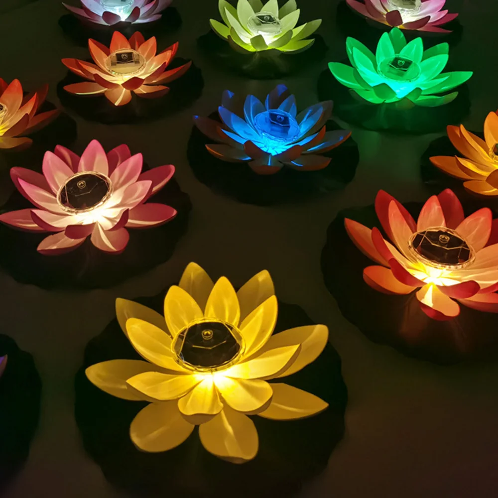 Garden Pool Outdoor Decor Artificial Floating Lotus Solar Powered Night Lighting Led Energy Saving Lotus Lamps For Pond Fountain