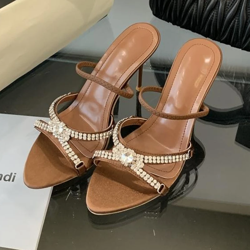 

Satin Rhinestone High Heels Women Slippers Summer New Pointed Toe Slides Female Elegant Fashion Party Shoes Sandals Ladies