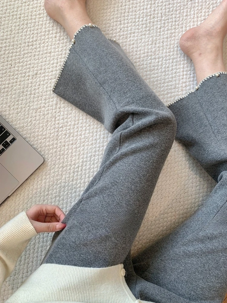 Gray Beaded Knitted Flared Wide-Leg Pants for Women 2026 New Autumn Winter Lazy Style Slimming Versatile Casual Pants