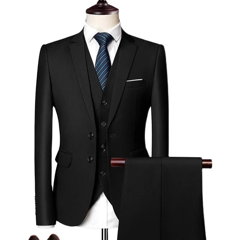 (006) Men\'s Business Casual Suit Set Black Three-piece Suit Trend