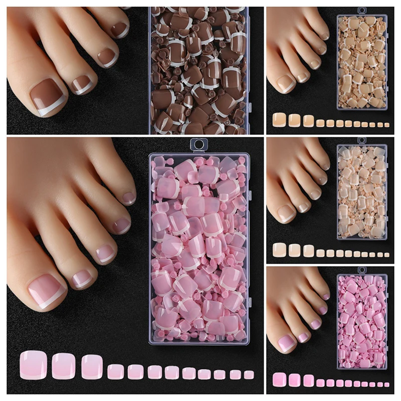 120pcs French Style Fake Toenail Press On Toe Foot Full Cover Square Nails Art Tips Fast Wearable Nail Manicure Tool