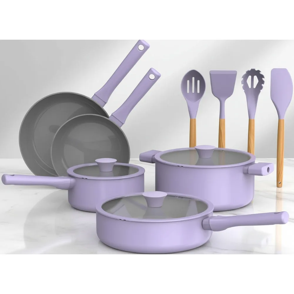 

12-Piece Ceramic Nonstick Cookware Set with Utensils - Dishwasher & Oven Safe, All Stovetops, Lavender