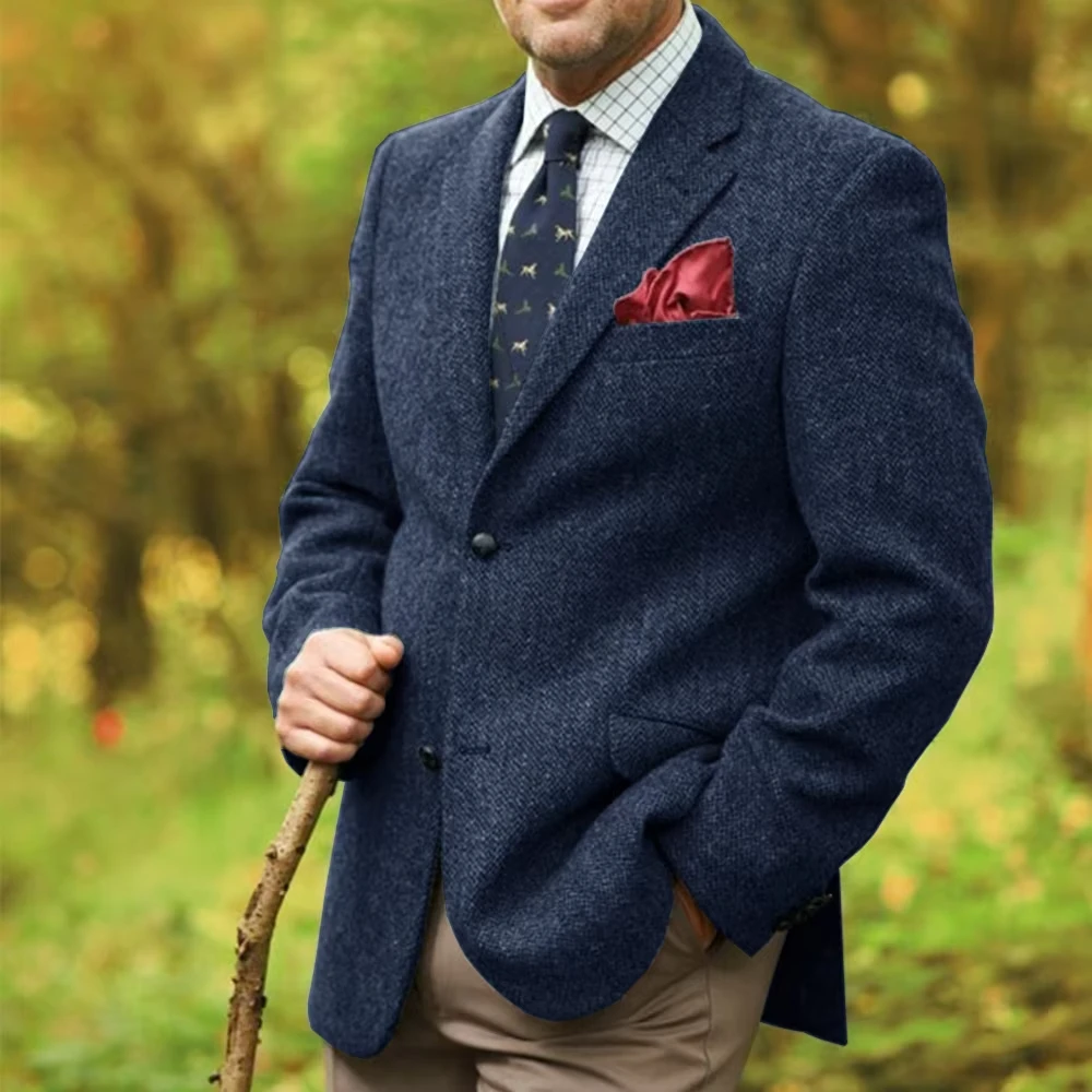 Men's Grey Herringbone Pattern Suit Jacket Retro Single Breasted Casual Top for Autumn Commuting 2025