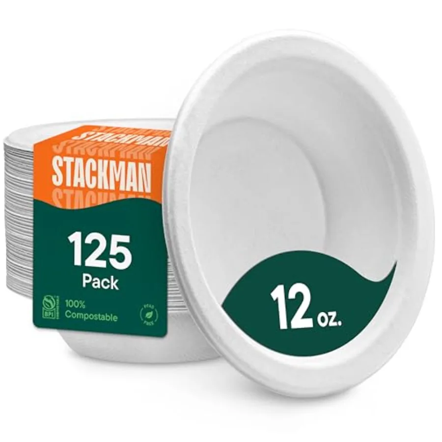 

100% Compostable Disposable Paper Bowls [125-Pack] - {PFAS-Free} - {BPI Certified} - [12 oz] Heavy Duty, Eco-Friendly, Biodegra
