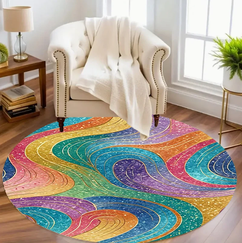 Rainbow Glitter Swirl Round Rug Colorful Abstract Wave Art Print Carpet for Living Room Bedroom Home Decor  Rug