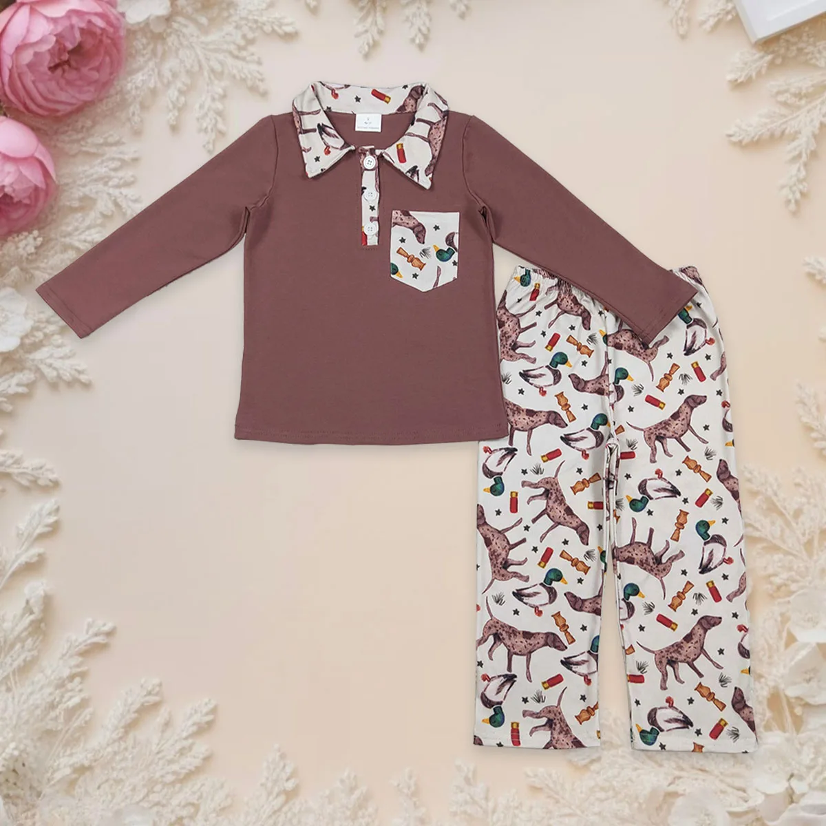 Baby Boy Clothes Kids Hunting Set Infant Toddler Brown Button Lapel Pocket Top Children Ducks Call Dogs Pants Outfit Wholesale