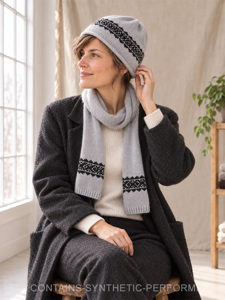 Women 100% Wool Beanie Scarf Set Fair Isle-Inspired Jacquard Hat with Slim Winter Scarf Knitted Hat Scarf 2 Set Thick Unisex
