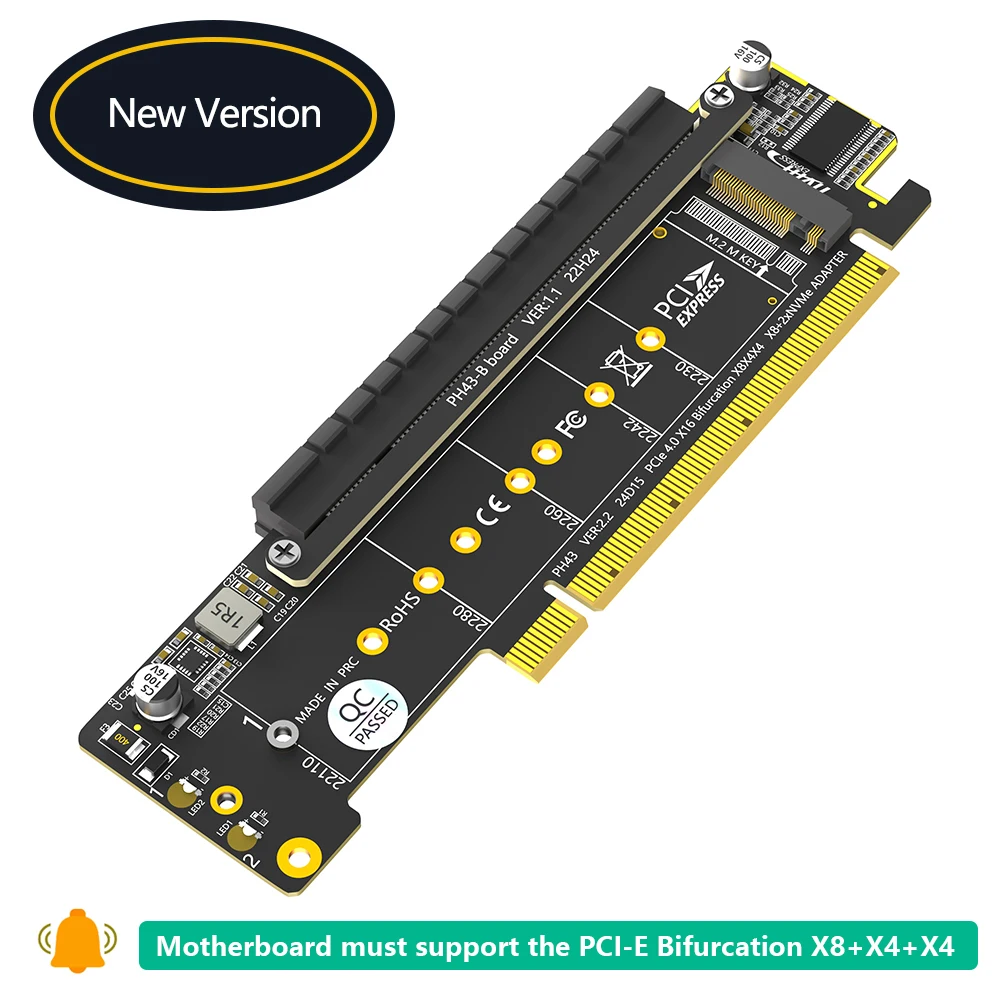 PCI Express X16 to Dual M2 NVME M Key + PCIE X16(X8 Signal) Slot Riser Card Board Motherboard Support PCI-E Bifurcation Function