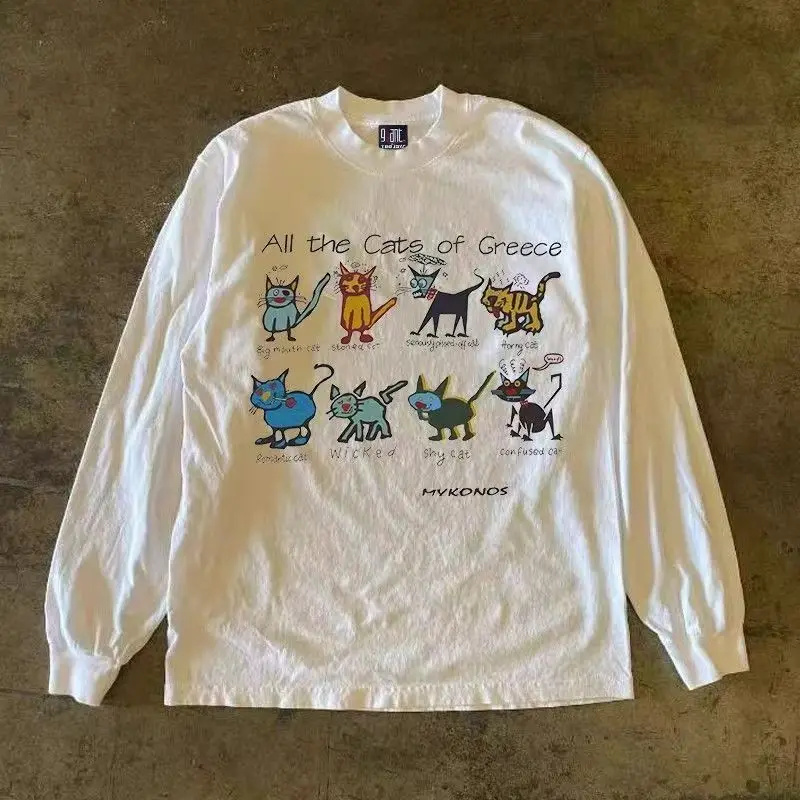 

2025 Oversized High Street Gothic Harajuku Cat Print T-shirts for Men American Round Neck Cotton Shirts Couples Vintage Y2k Tops