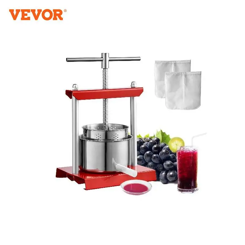 VEVOR Fruit Wine Press 2/3/6L, 2 Stainless Steel Barrels, Manual Juice Maker with T-Handle for Outdoor, Kitchen, and Home