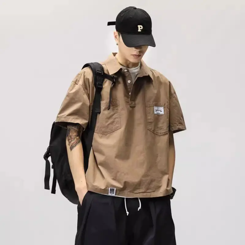 American Retro Workwear Short Sleeve  Shirt Men's Summer Loose Design Cool Shirt Jacket Cotton Casual Style Youth Fashion