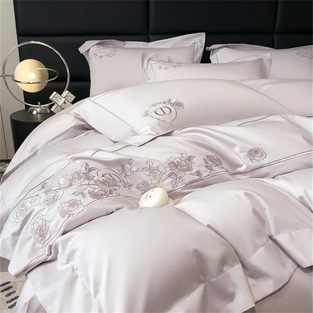 Imagem -02 - Svetanya Pale Mauve Flowers Europeu Bordado 1000tc Bedding Conjunto Algodão Egípcio Duvet Cover Conjunto Queen King Size Bedlinens