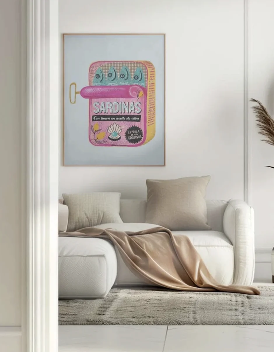 Colorful Sardine Can Wall Art Canvas Prints, Retro Tin Seafood Posters, Fun Quirky Decor for Kitchen Dining Room Bedroom Decor