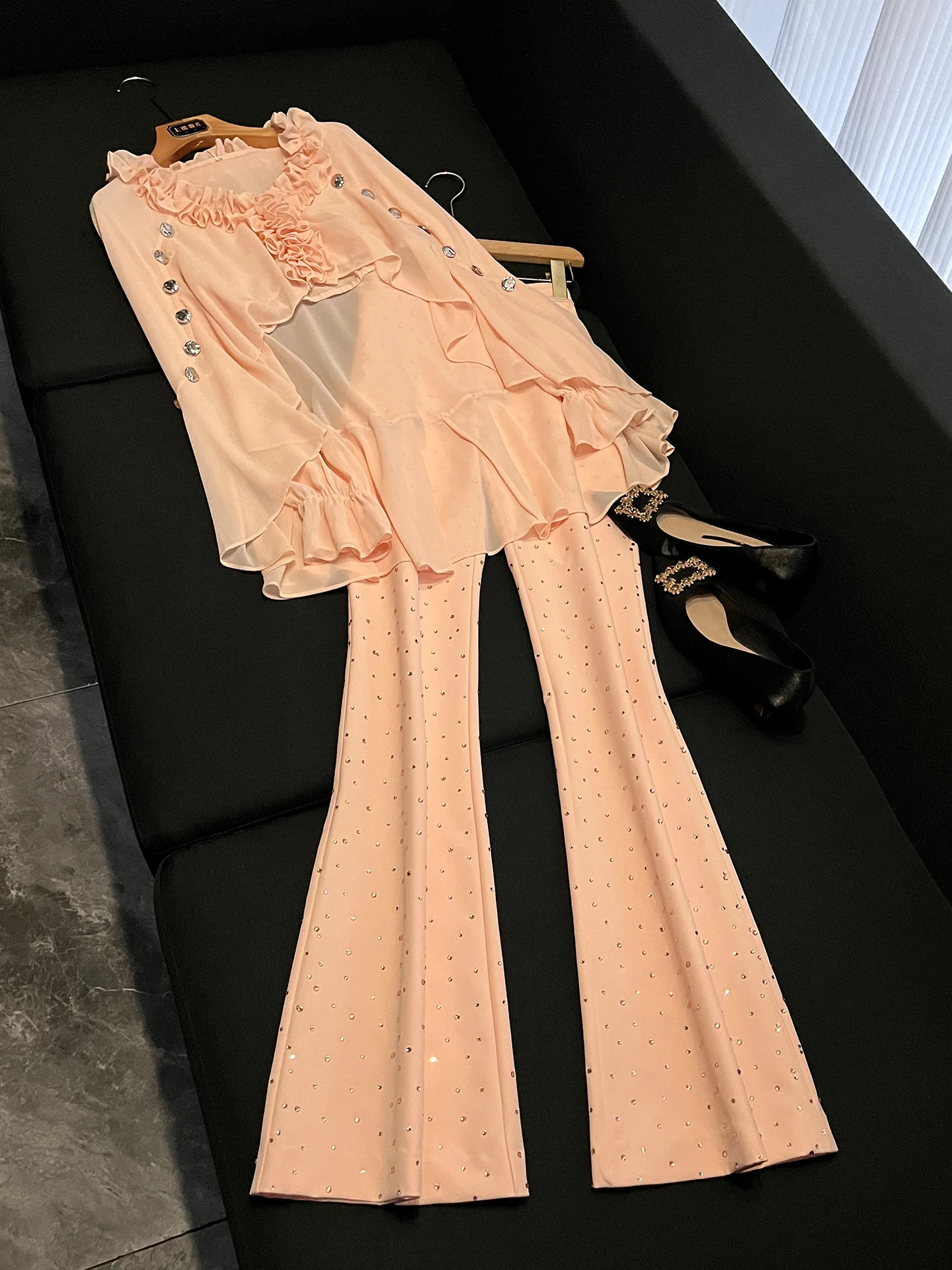 

Summer 2026 Women's Fashionable Two-Piece Set with Lace Trimmed Chiffon Top And Sequin Long Pants P432 Long Sleeve Zipper Fit