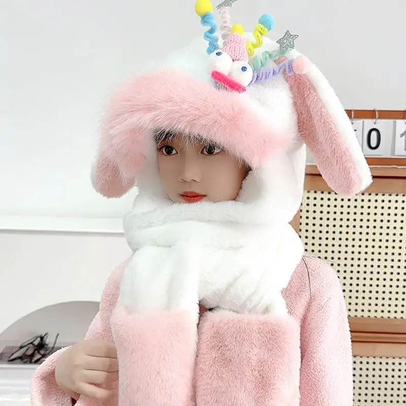 Rabbit Hat With Moving Ears Plush Scarf Hat Gloves Set Women Lovely Neck Warmer Head Cover Gloves Set For Cold Weather Ear