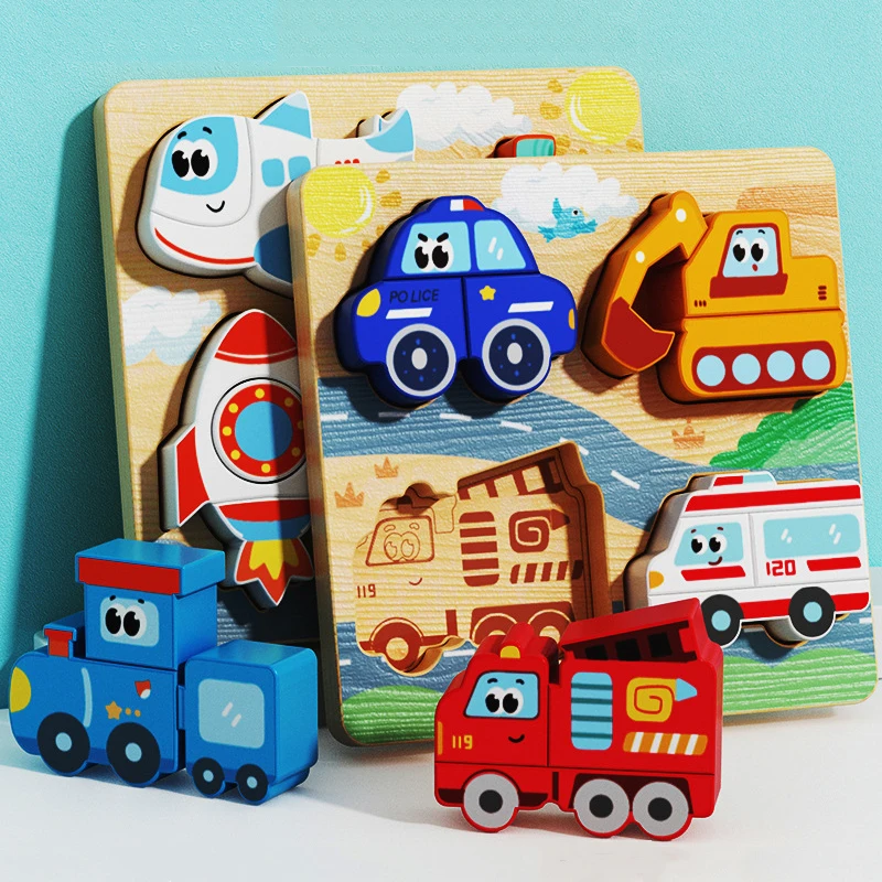 Детские игрушки Монтессори, детские 3D деревянные головоломки, автомобильные головоломки с изображением животных, От 0 до 3 лет, развивающие познавательные игры для раннего обучения для малышей